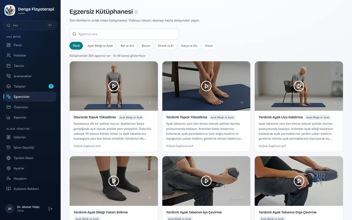 Egzersiz kütüphanesi: bölgelere göre ayrılmış video kartları