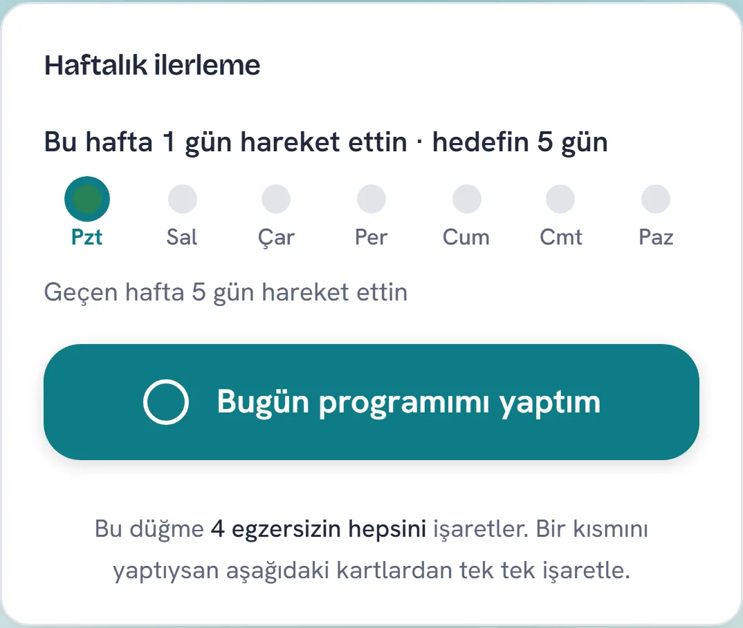Haftalık ilerleme: hedef 5 gün, geçen hafta 5 gün hareket edildi
