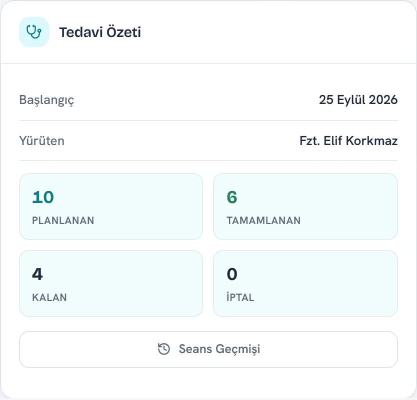 Tedavi özeti: planlanan 10, tamamlanan 6, kalan 4 seans