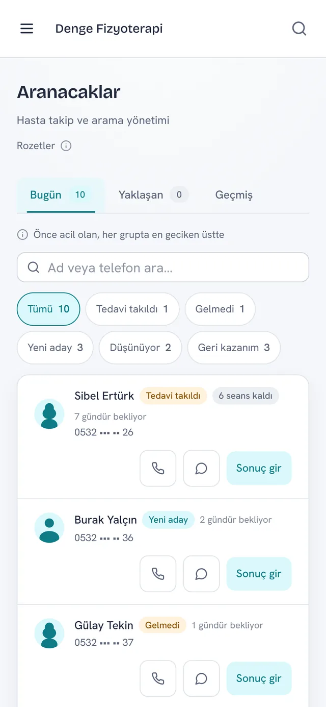 Telefonda Aranacaklar: sebep etiketleri, arama ve WhatsApp düğmeleri