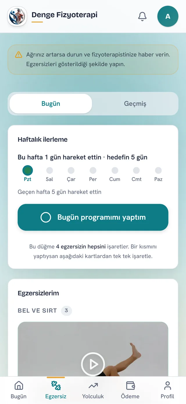 Hastanın egzersiz ekranı: haftalık ilerleme ve Bugün programımı yaptım düğmesi
