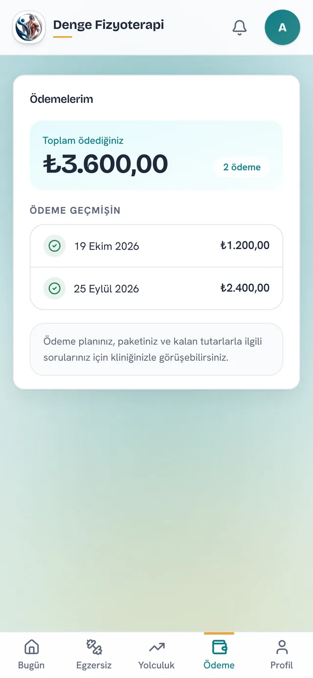 Hastanın ödemeler ekranı: toplam ödediği tutar ve ödeme geçmişi