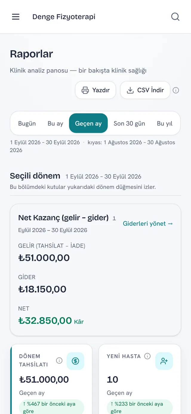 Telefonda Raporlar, geçen ay: gelir, gider ve net kazanç